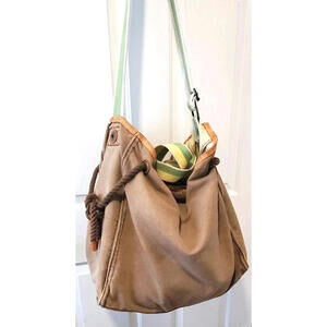 Vintage GAP Canvas Tote Bag Khaki Green & Yellow Straps with Leather Trim